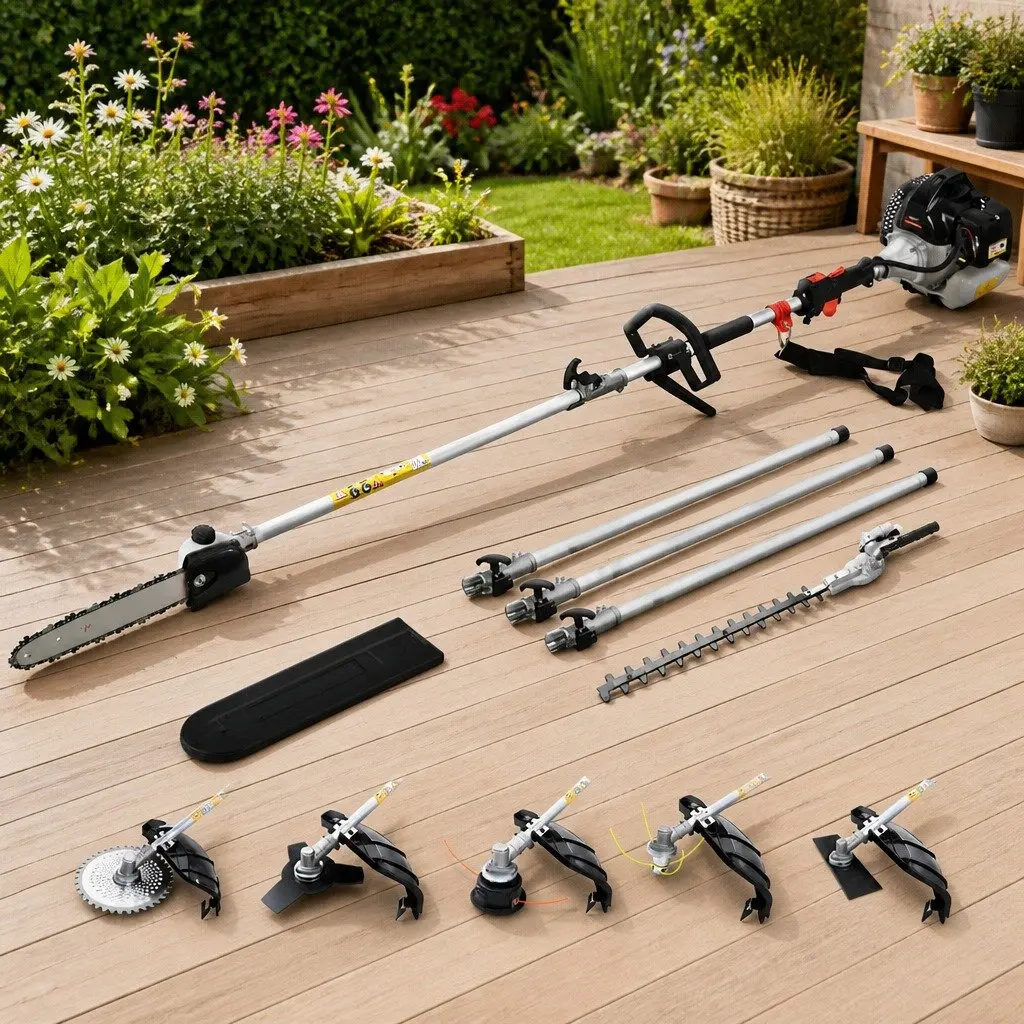 62cc Pole Chainsaw Multi-Tool System 7-in-1 with 5.6m Reach and Three Extension Poles for Garden Tasks