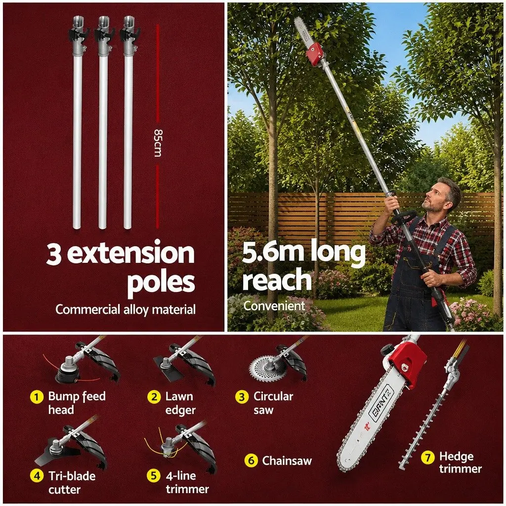 62CC Pole Chainsaw 7-in-1 Multi-Tool Hedge Trimmer Brush Cutter Whipper 5.6m