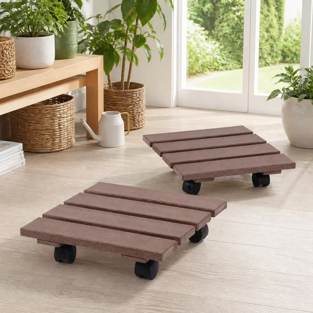 Rolling Plant Caddy 2 Piece Lockable Wheel Pot Mover Brown 32x32x10cm Garden Indoor Outdoor