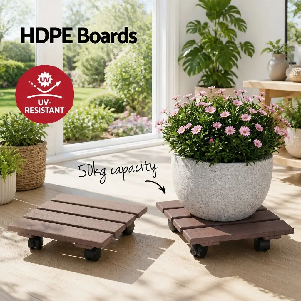 Rolling Plant Caddy 2 Piece Lockable Wheel Pot Mover Brown 32x32x10cm Garden Indoor Outdoor