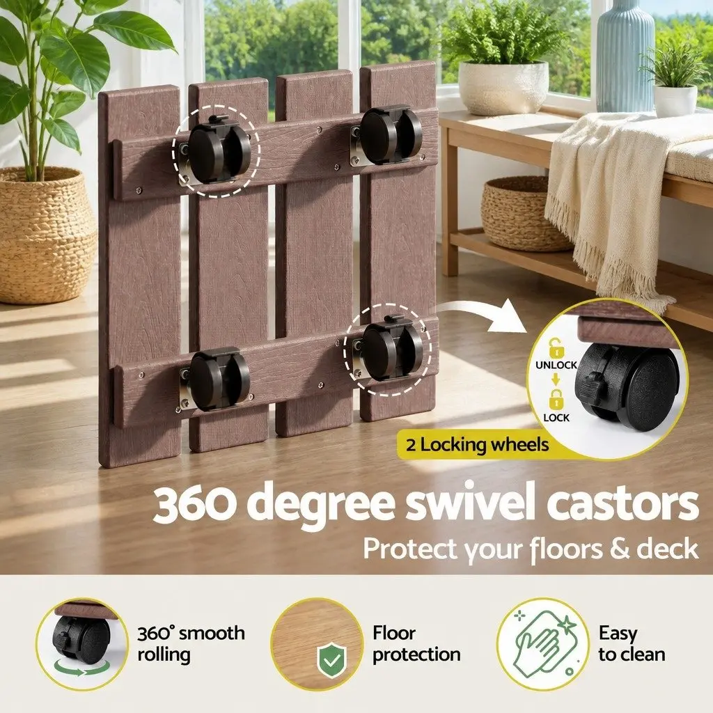 Rolling Plant Caddy 2 Piece Lockable Wheel Pot Mover Brown 32x32x10cm Garden Indoor Outdoor