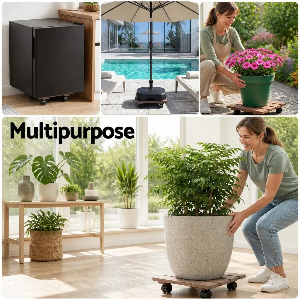 Rolling Plant Caddy 2 Piece Lockable Wheel Pot Mover Brown 32x32x10cm Garden Indoor Outdoor