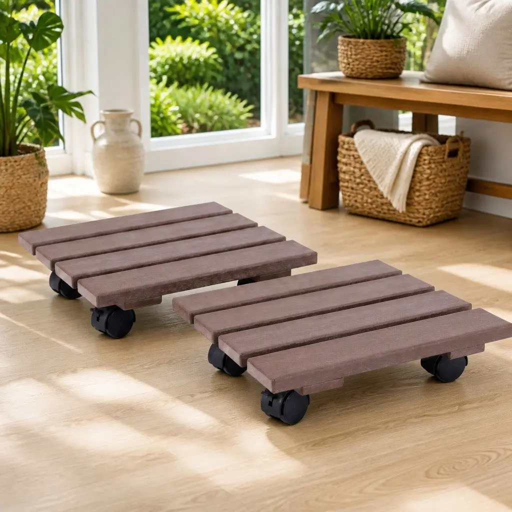 Rolling Plant Caddy 2 Piece Lockable Wheel Pot Mover Brown 32x32x10cm Garden Indoor Outdoor