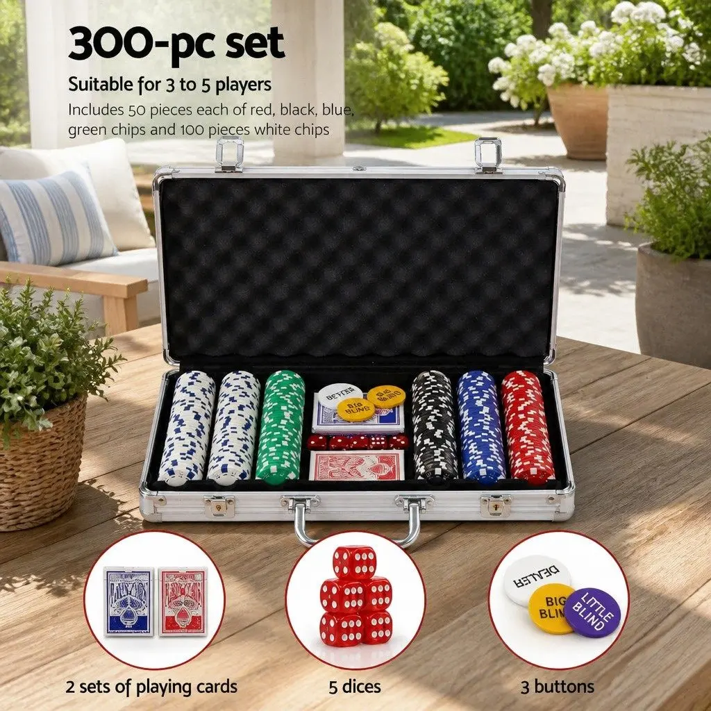300 Piece Poker Chips Set Casino Style Gaming with Lockable Aluminium Case