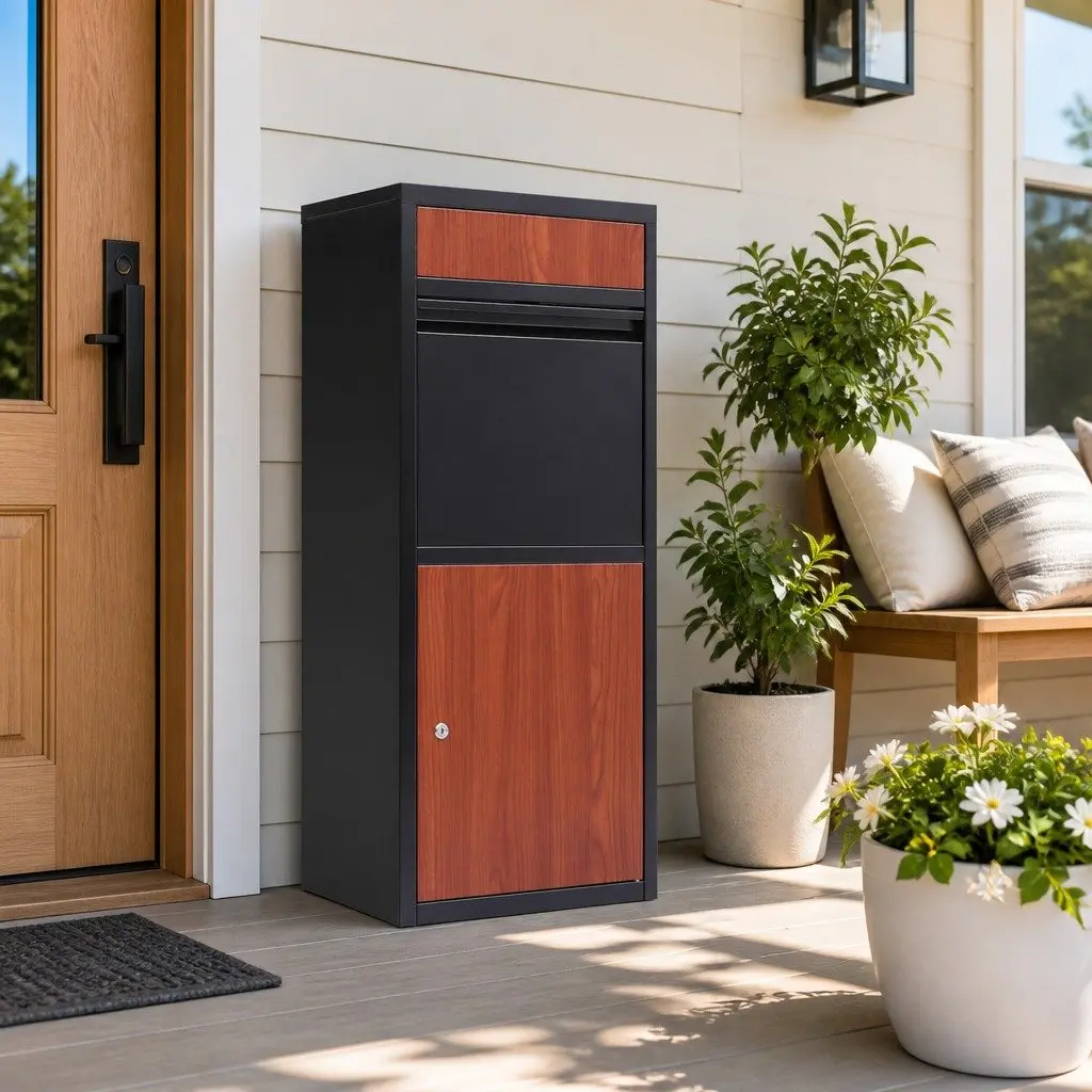 Parcel Drop Box Freestanding Water-Resistant Black Steel 42cm x 38cm x 102cm