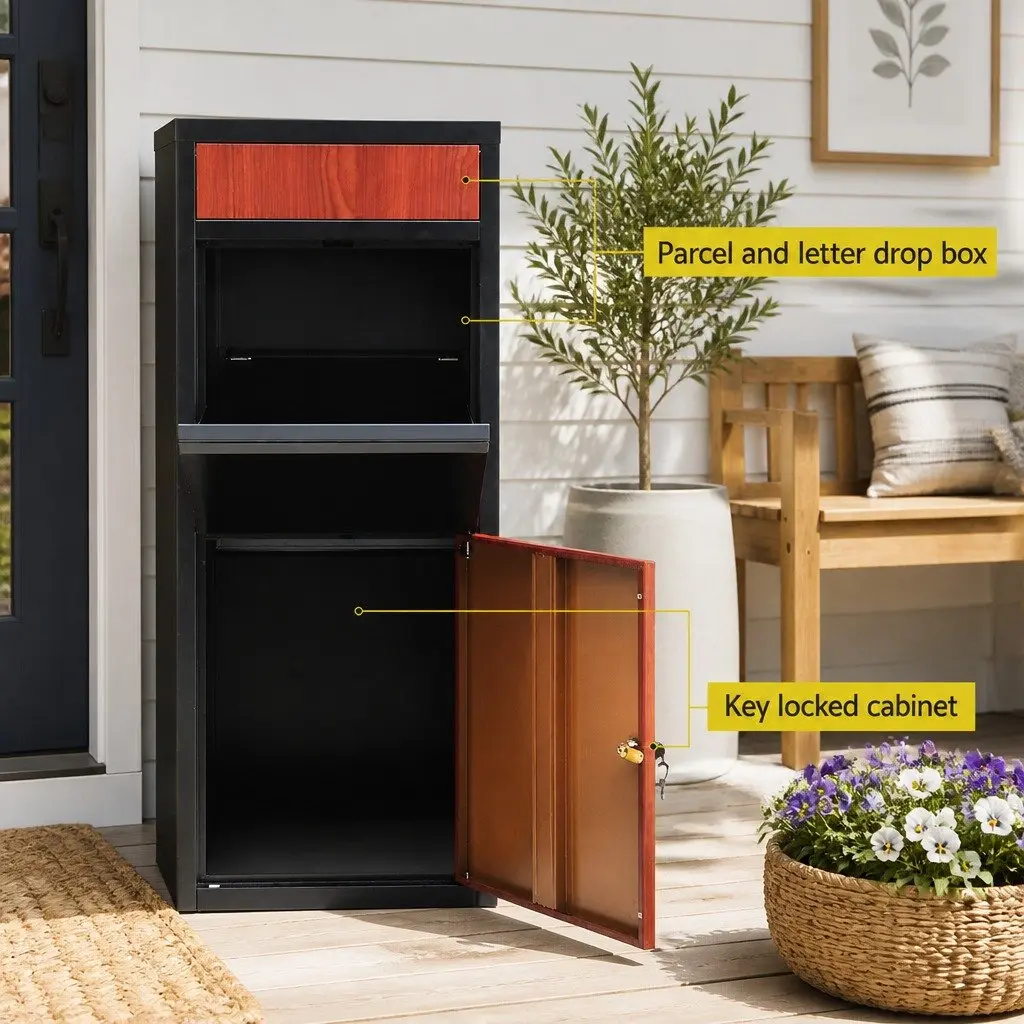 Parcel Drop Box Freestanding Water-Resistant Black Steel 42cm x 38cm x 102cm
