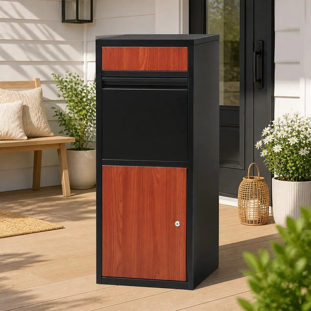 Parcel Drop Box Freestanding Water-Resistant Black Steel 42cm x 38cm x 102cm