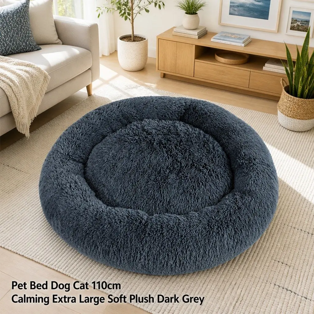 Extra Large Pet Bed Dog Cat 110cm Soft Plush Calming Dark Grey Non-Slip
