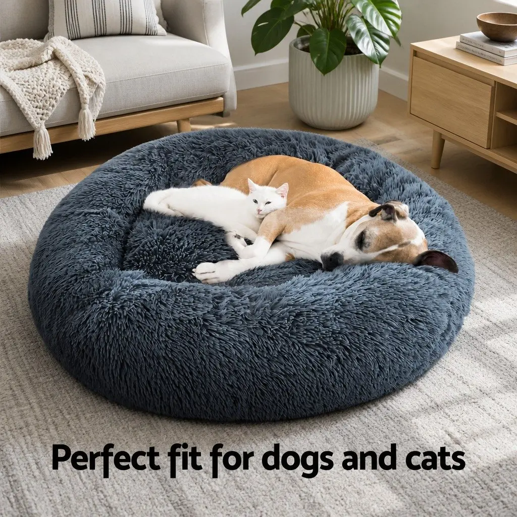 Large Dog Cat Pet Bed 90cm Calming Soft Plush Sleeping Cushion Dark Grey