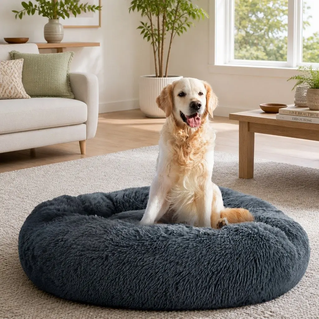 Large Dog Cat Pet Bed 90cm Calming Soft Plush Sleeping Cushion Dark Grey