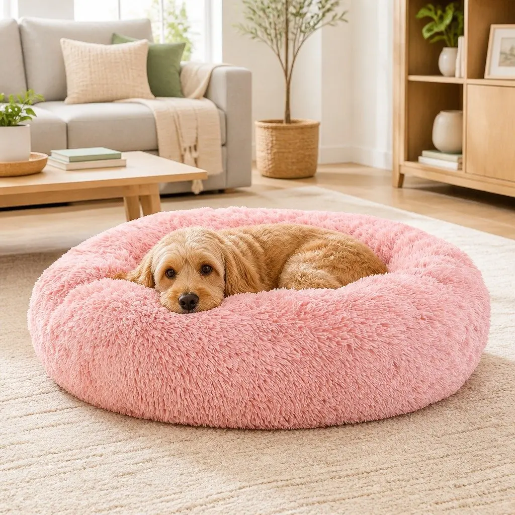 Large Pet Bed Soft Plush 90cm Non-Slip Washable Cover Pink