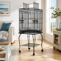Large Bird Cage 145cm Black Aviary Stand Wrought Iron Parrot Enclosure with