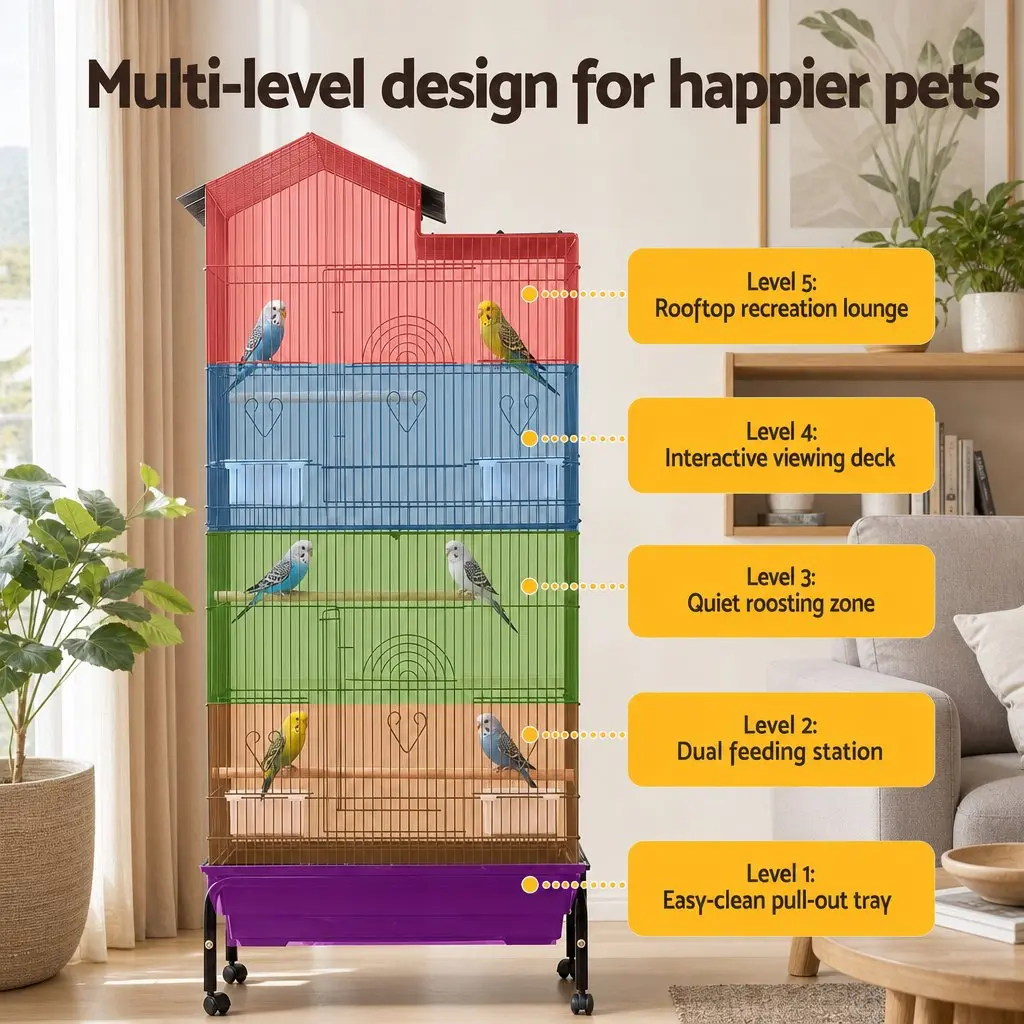 Bird Cage Aviary 158cm Parrot Budgie Stand Wheels Black 3-in-1 Design Hanging