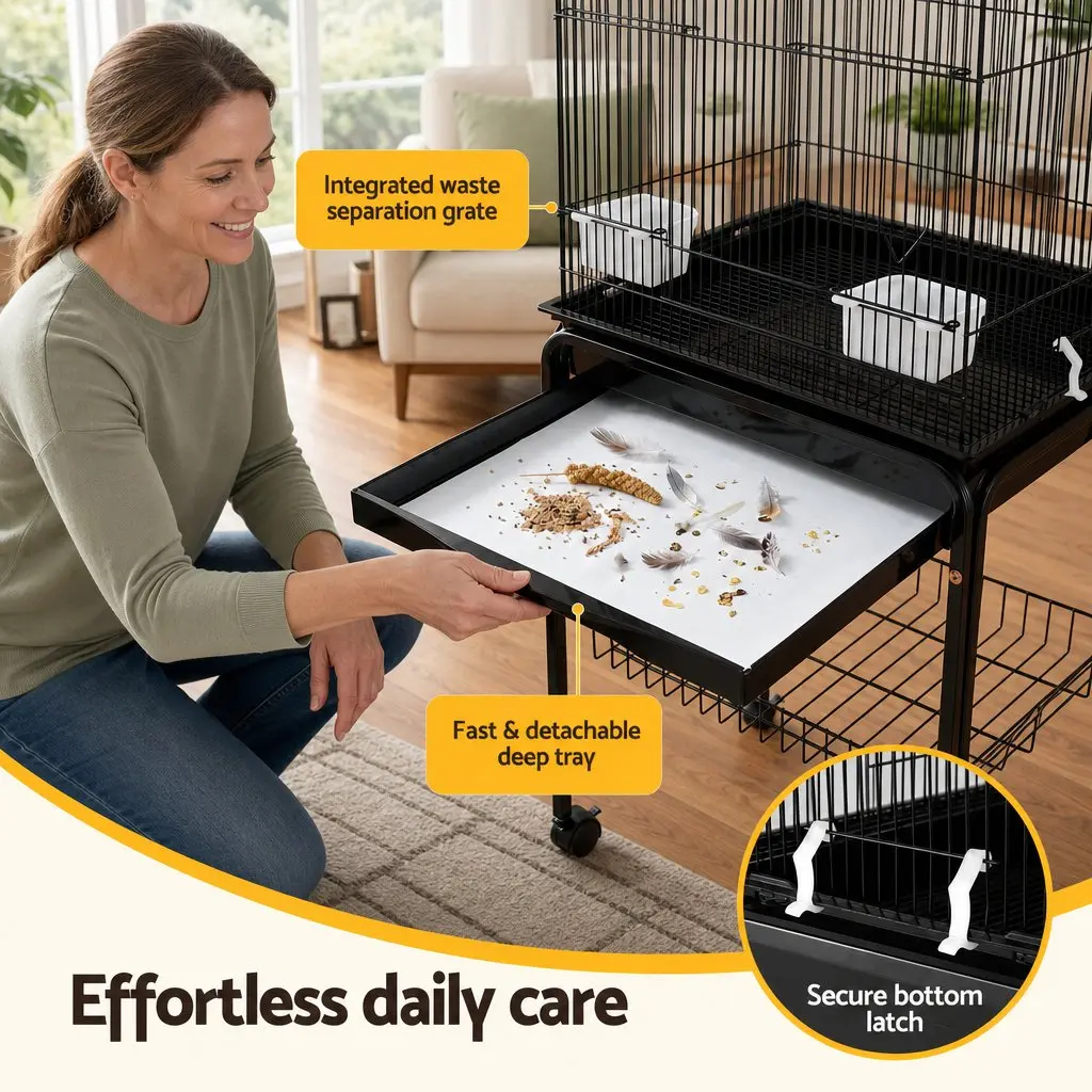 Bird Cage Aviary 158cm Parrot Budgie Stand Wheels Black 3-in-1 Design Hanging