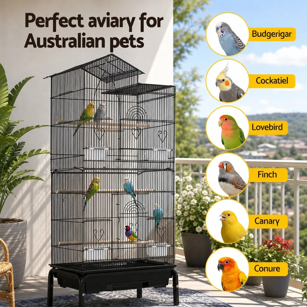 Bird Cage Aviary 158cm Parrot Budgie Stand Wheels Black 3-in-1 Design Hanging