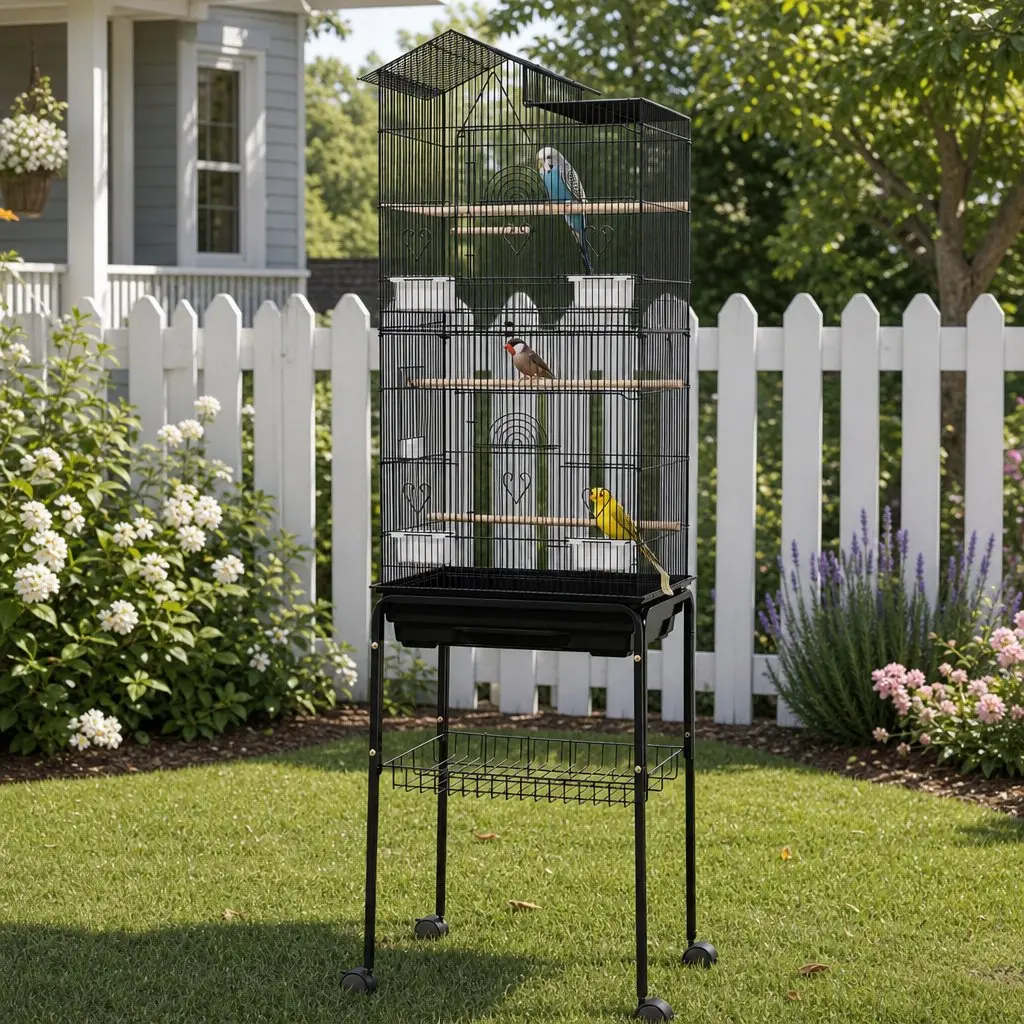Bird Cage Aviary 158cm Parrot Budgie Stand Wheels Black 3-in-1 Design Hanging