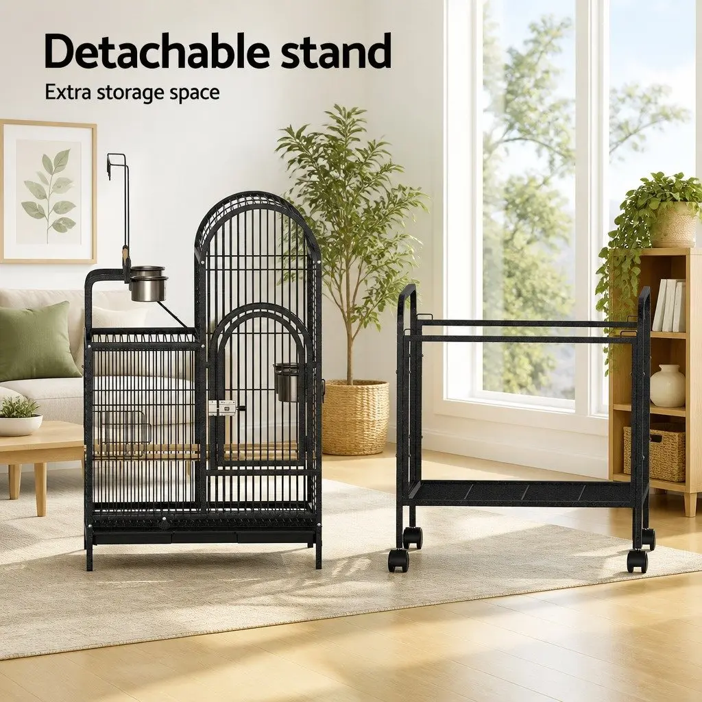 Bird Cage Large Aviary 152.5cm Black Metal Frame Portable with Wheels Multiple Doors