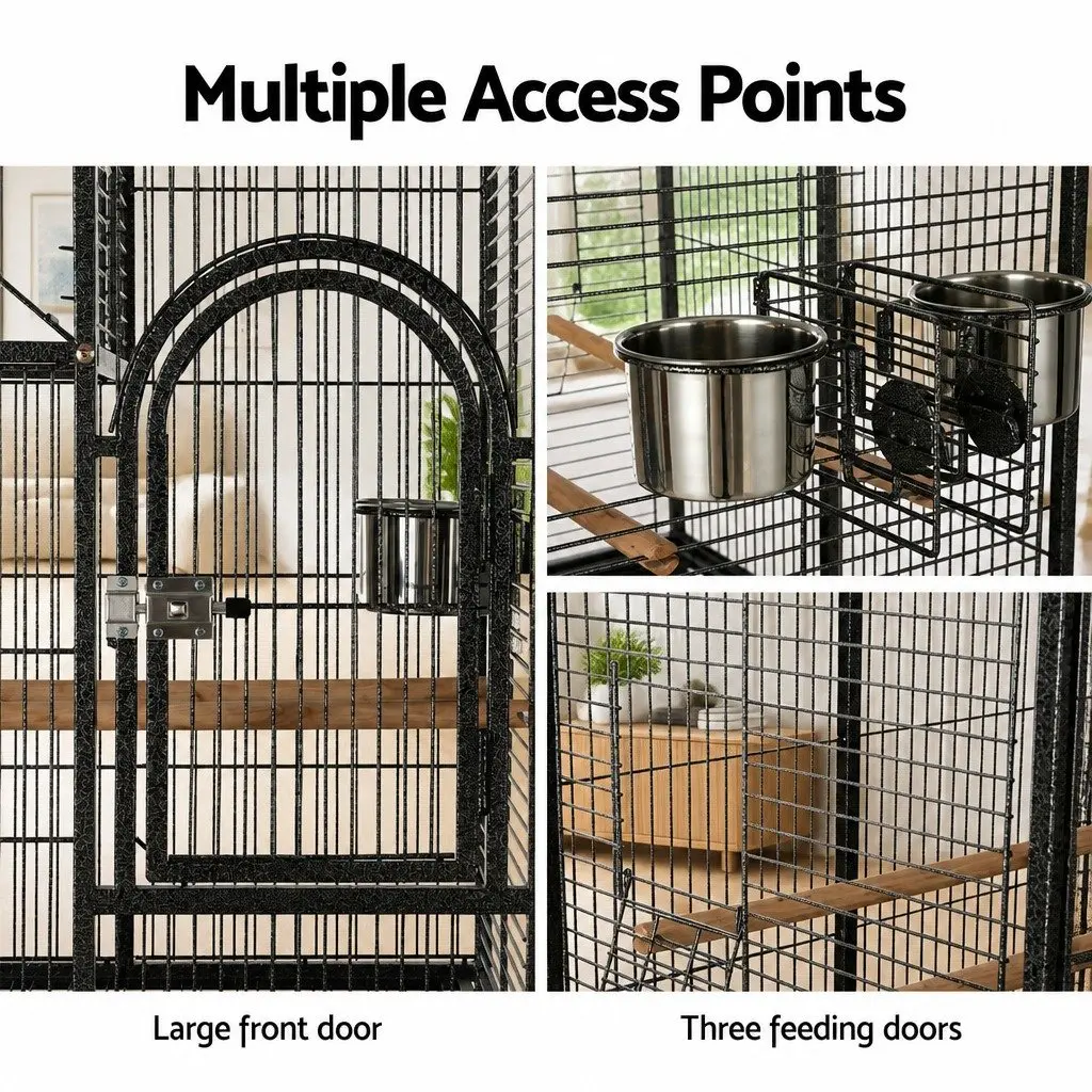 Bird Cage Large Aviary 152.5cm Black Metal Frame Portable with Wheels Multiple Doors