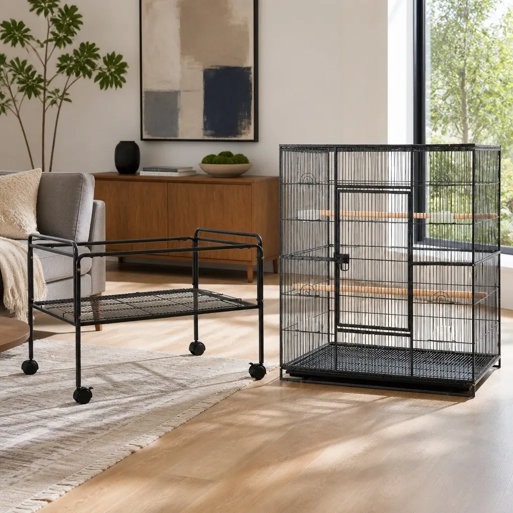 Large Bird Cage 160cm Parrot Aviary Stand-Alone Budgie with Castor Wheels Black