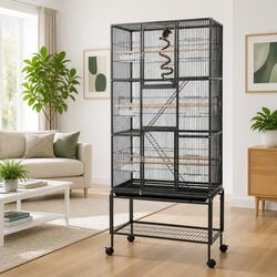 Large 3-Tier Bird Cage Aviary 176cm Parrot Budgie Enclosure with Ladder Wheels