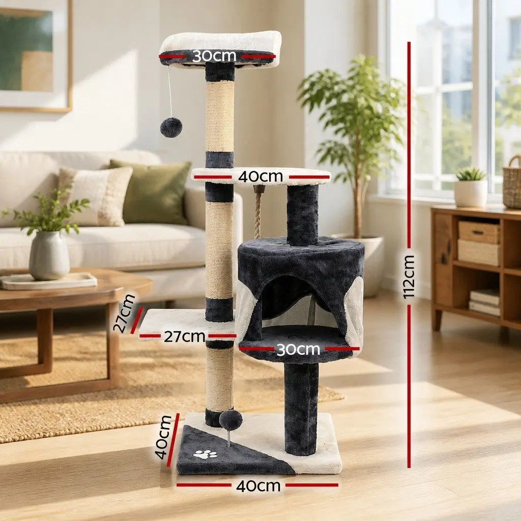 Cat Tree Multi-Level 112cm Tall Scratching Post Condo House Grey