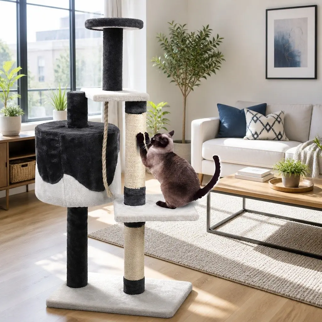 Cat Tree Multi-Level 112cm Tall Scratching Post Condo House Grey