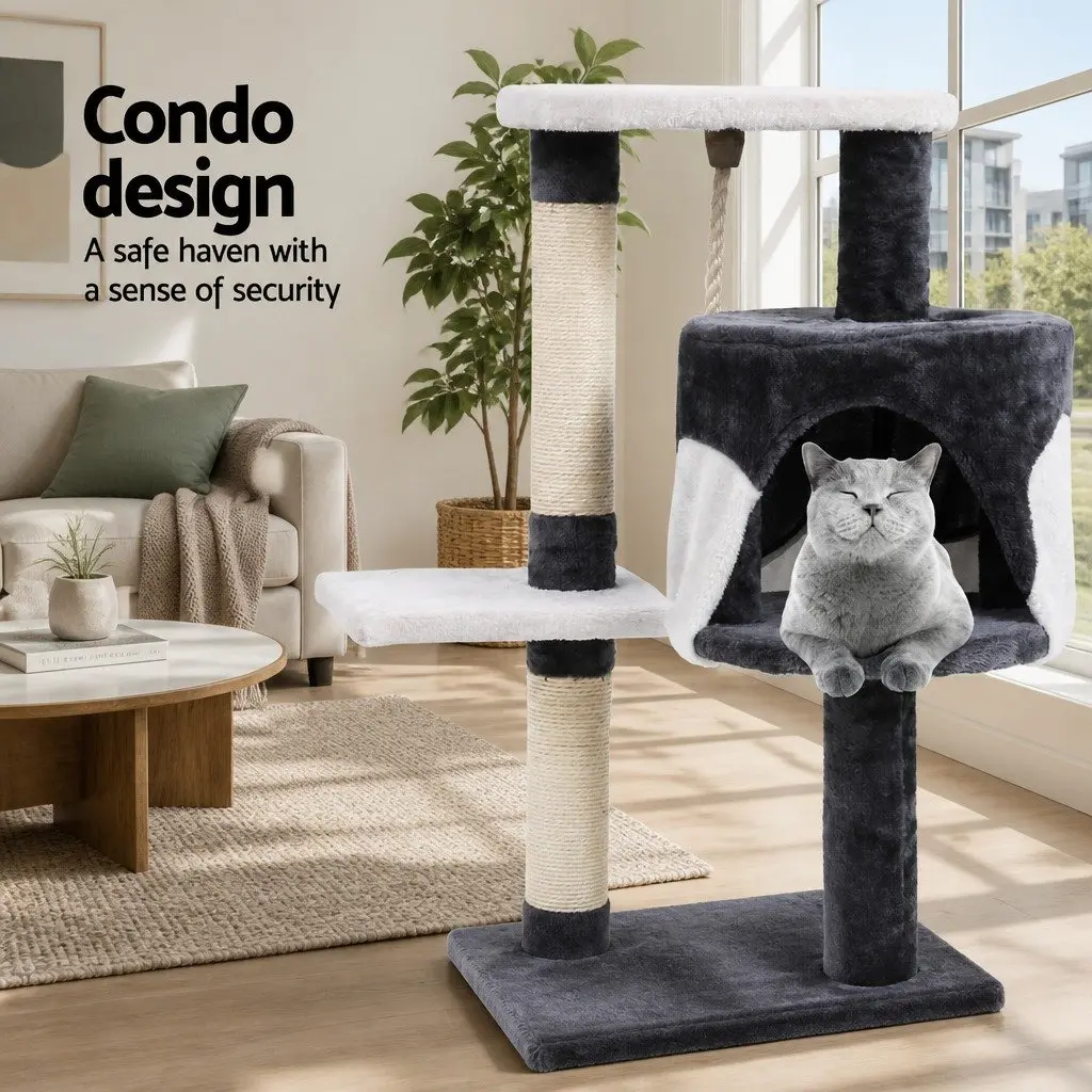 Cat Tree Multi-Level 112cm Tall Scratching Post Condo House Grey