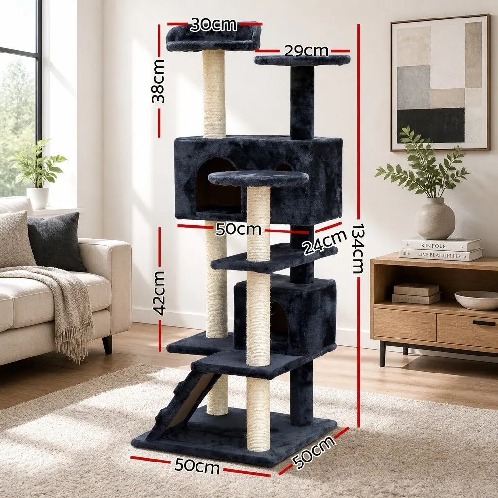Cat Tree 134cm Tall Scratching Post Tower Wooden Condo House with Plush Bed Grey