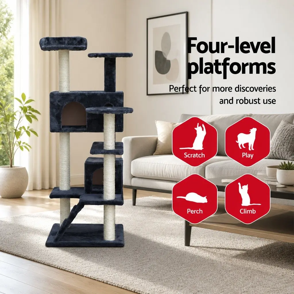 Cat Tree 134cm Tall Scratching Post Tower Wooden Condo House with Plush Bed Grey