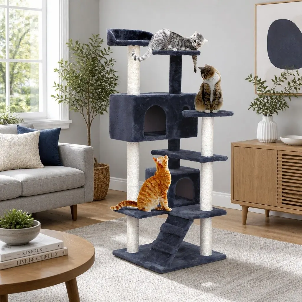 Cat Tree 134cm Tall Scratching Post Tower Wooden Condo House with Plush Bed Grey