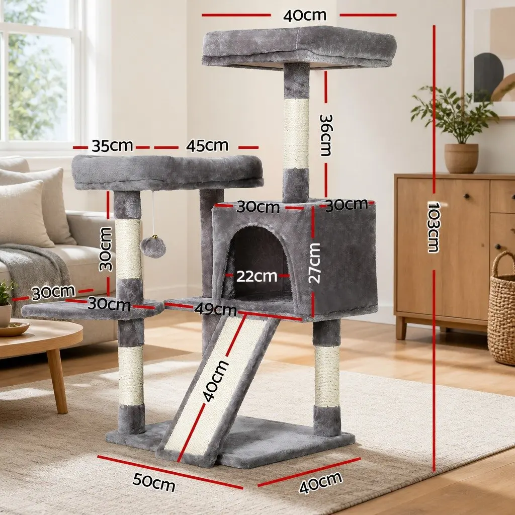 Cat Tree Multi-Level 103cm Scratching Post Condo House Grey