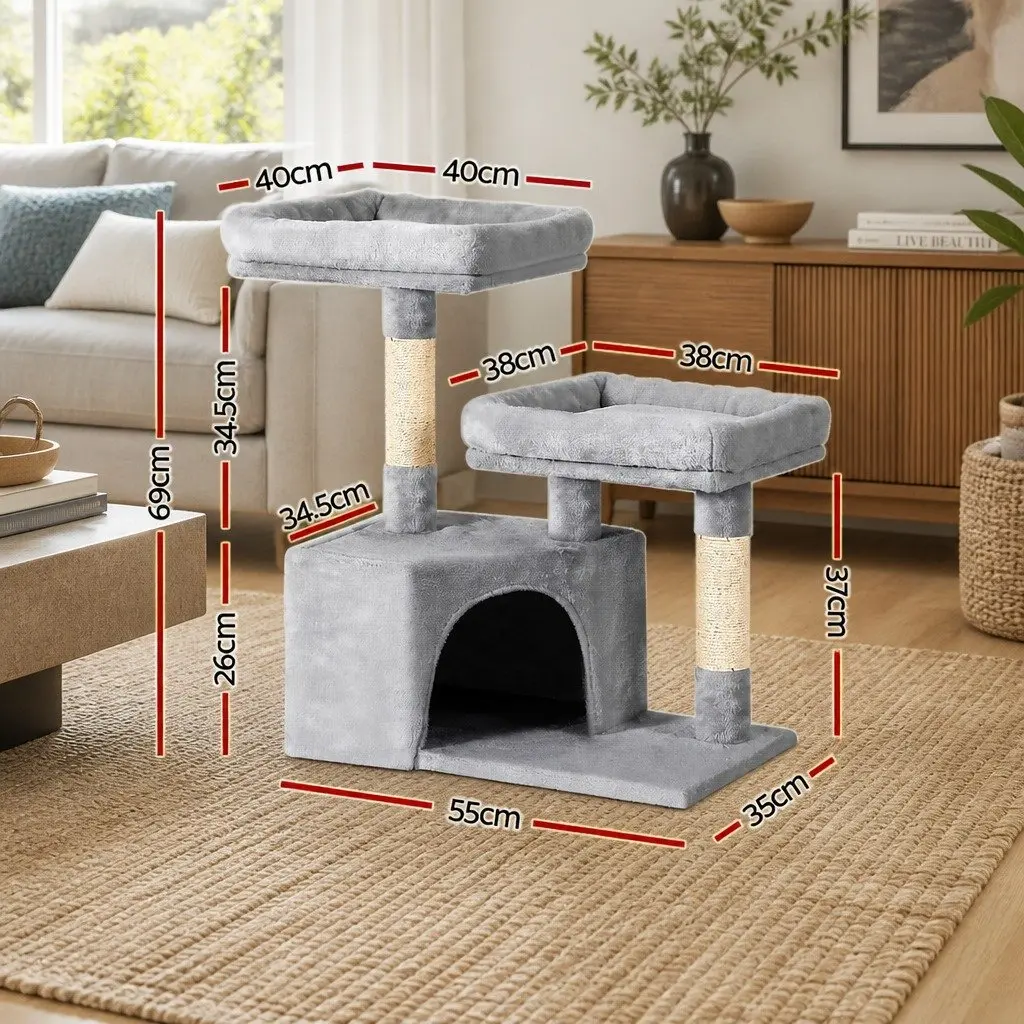 Cat Tree Multi-Level Condo 69cm Grey Wood with Plush Upholstery and Sisal Scratching Posts