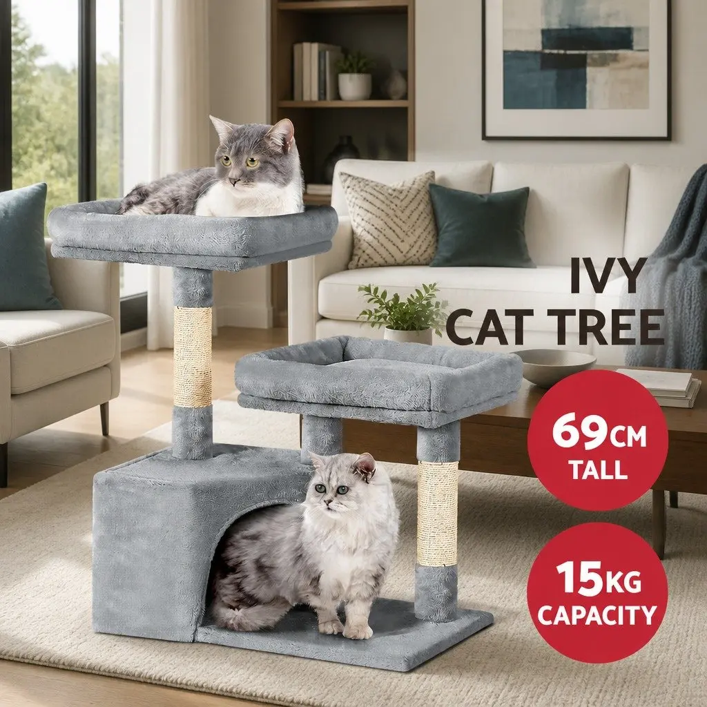 Cat Tree Multi-Level Condo 69cm Grey Wood with Plush Upholstery and Sisal Scratching Posts
