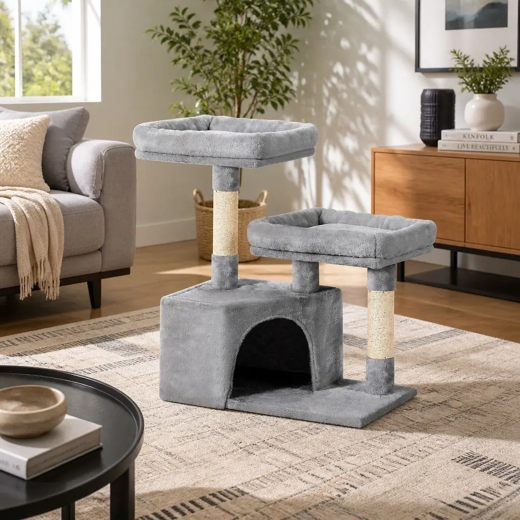 Cat Tree Multi-Level Condo 69cm Grey Wood with Plush Upholstery and Sisal Scratching Posts