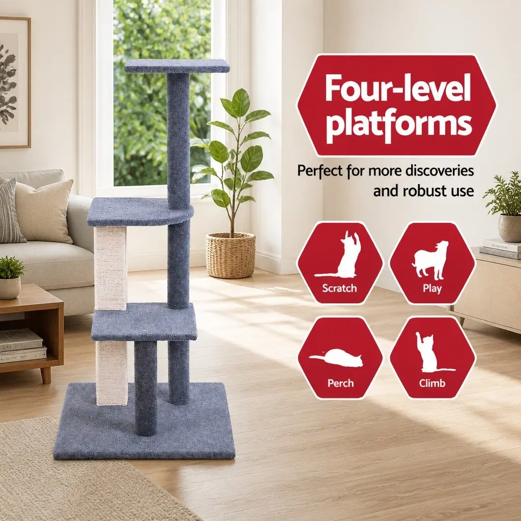Cat Tree 124cm Scratching Post Tower Multi-Level Condo Perch Climbing Grey
