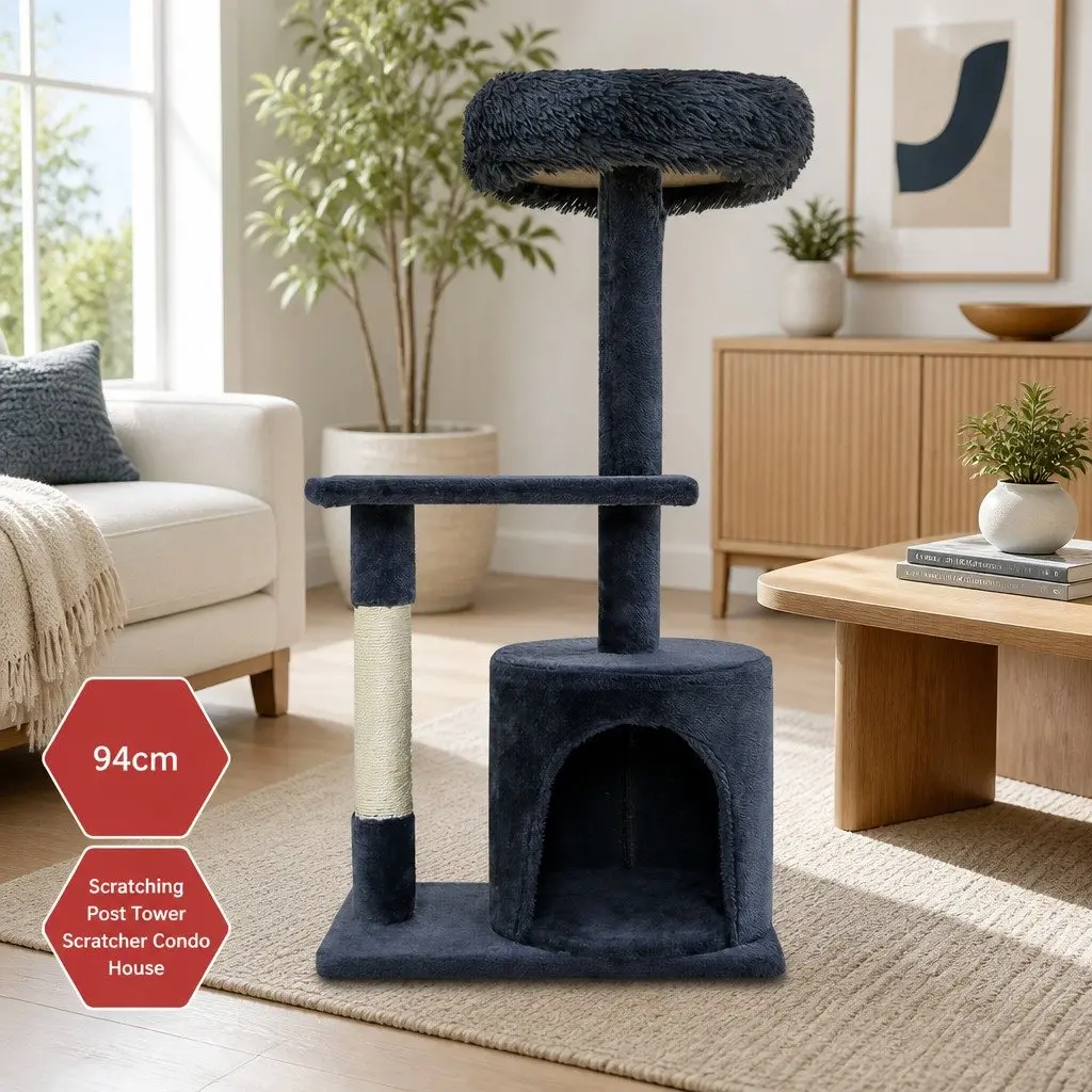Cat Tree Multi-Level Grey 94cm Scratching Post with Bed Cubicles and Hanging Toys