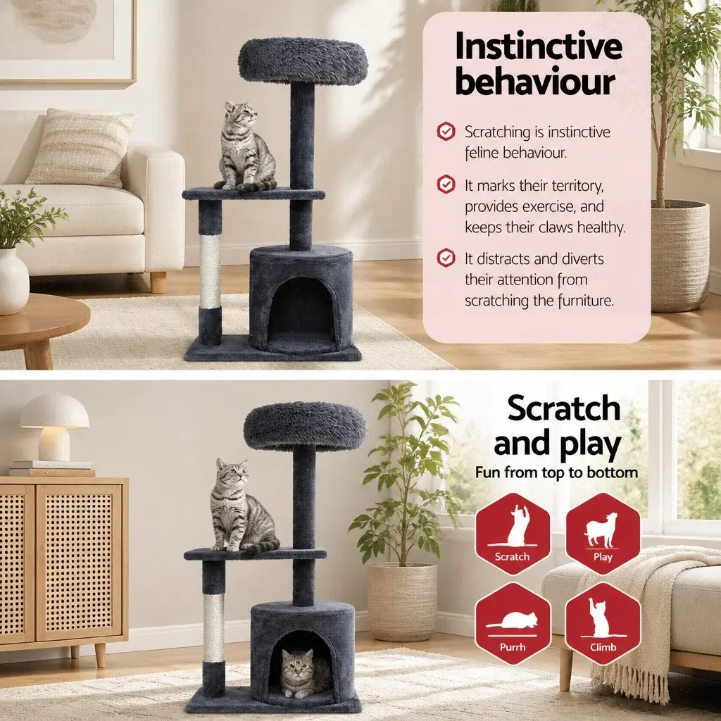 Cat Tree Multi-Level Grey 94cm Scratching Post with Bed Cubicles and Hanging Toys