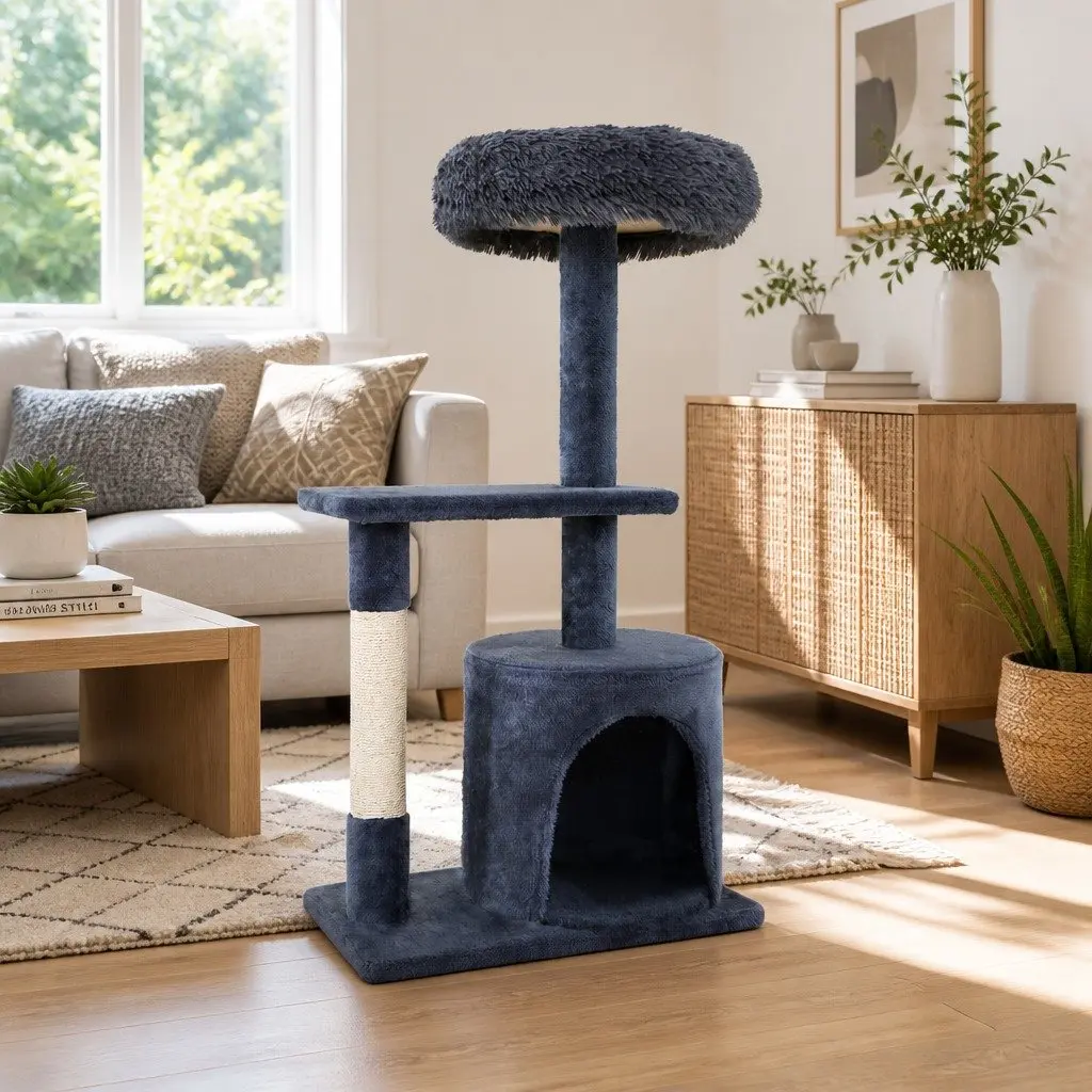 Cat Tree Multi-Level Grey 94cm Scratching Post with Bed Cubicles and Hanging Toys