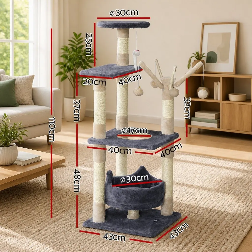 Cat Tree Multi-Level 110cm Tower Scratching Post Condo House with Toys Grey Wood