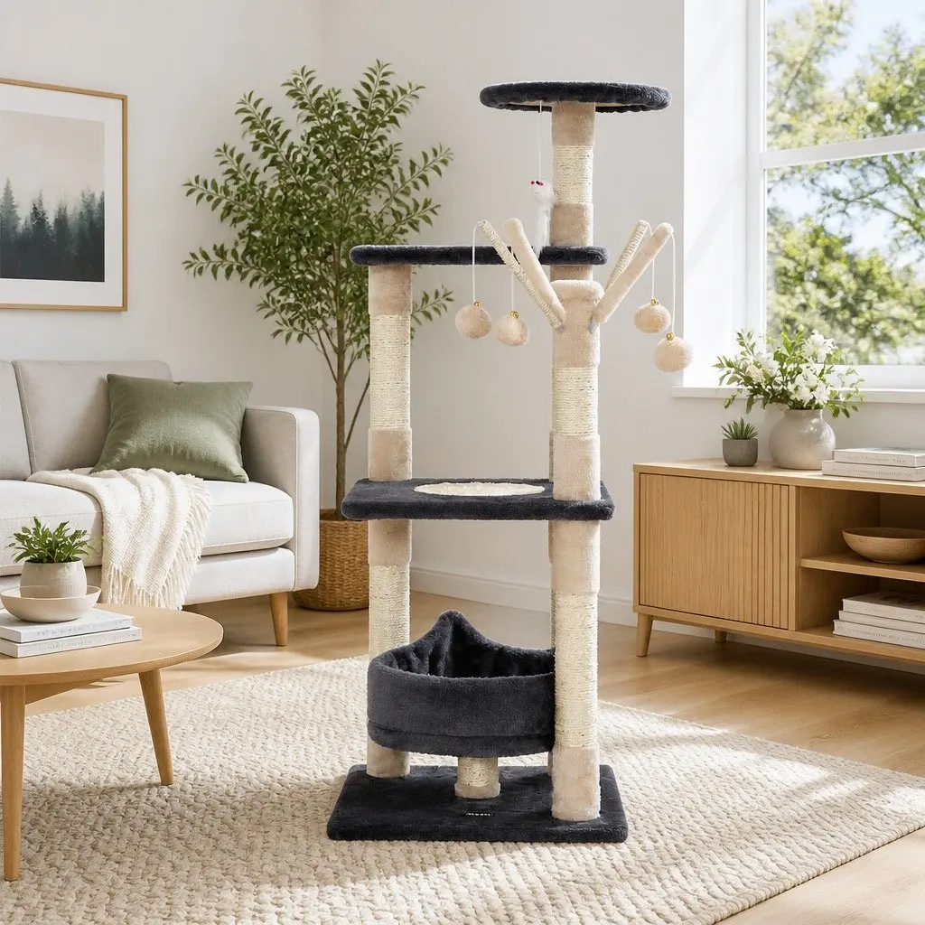 Cat Tree Multi-Level 110cm Tower Scratching Post Condo House with Toys Grey Wood
