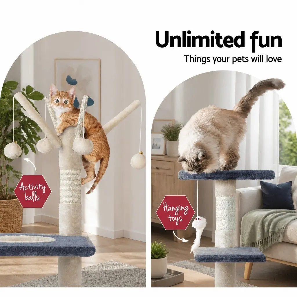 Cat Tree Multi-Level 110cm Tower Scratching Post Condo House with Toys Grey Wood
