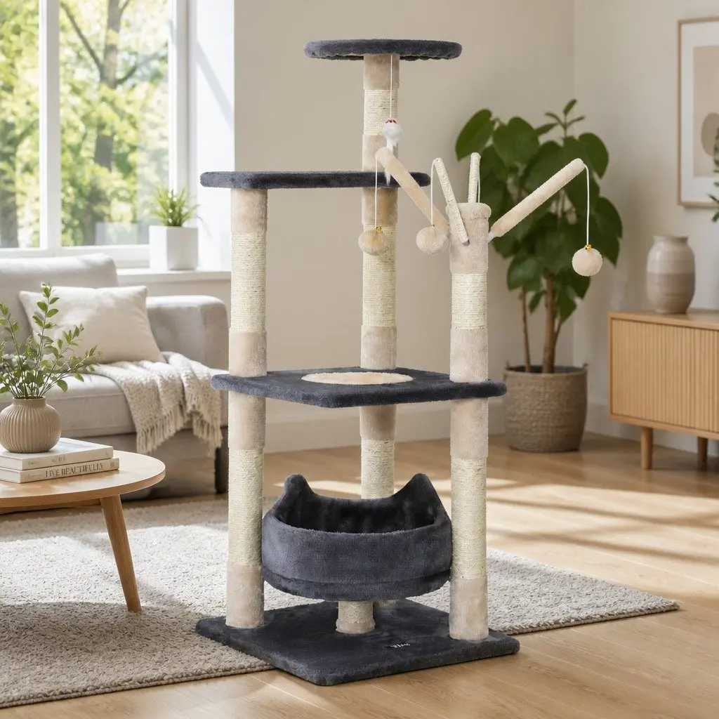 Cat Tree Multi-Level 110cm Tower Scratching Post Condo House with Toys Grey Wood