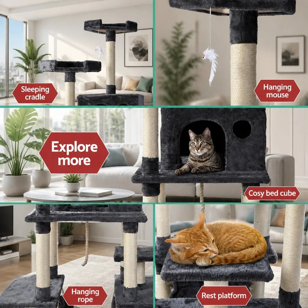 Cat Scratching Post Multi-Level 184cm Tower Tree Condo Bed House Grey
