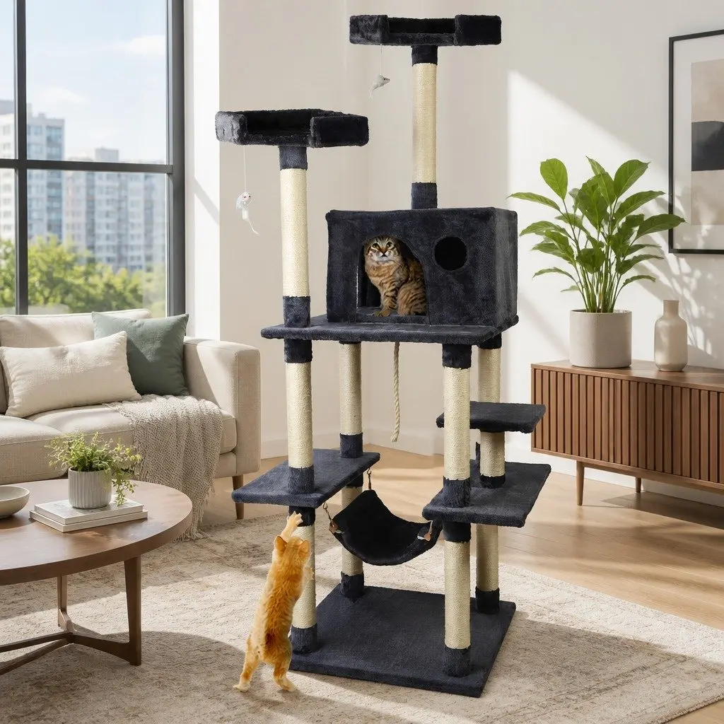 Cat Scratching Post Multi-Level 184cm Tower Tree Condo Bed House Grey