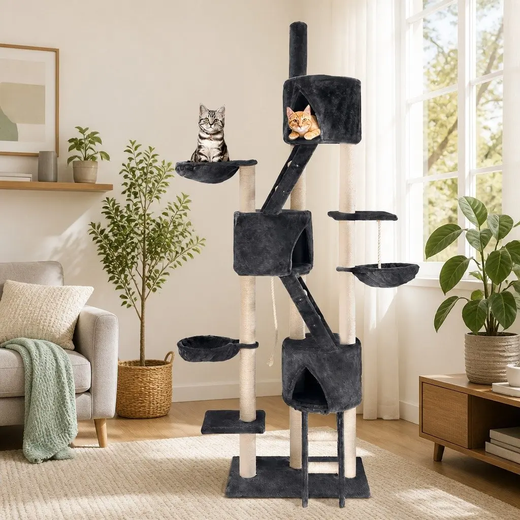 Cat Tree Multi-Level 244cm Tall Scratching Post Tower Condo House Grey