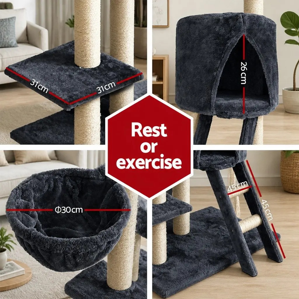Cat Tree Multi-Level 244cm Tall Scratching Post Tower Condo House Grey