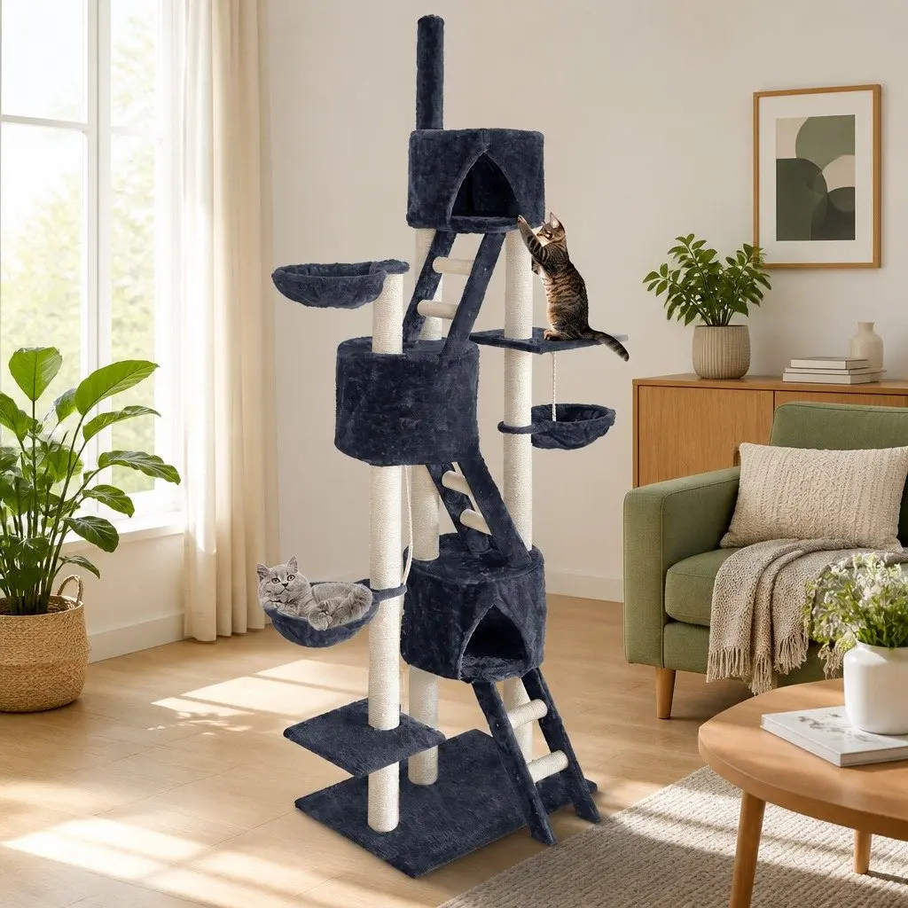 Cat Tree Multi-Level 244cm Tall Scratching Post Tower Condo House Grey