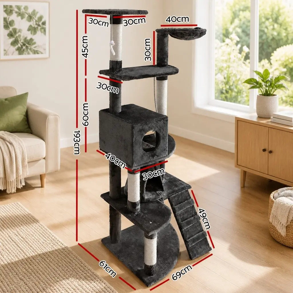 Cat Tree Tower Multi-level 193cm Scratching Post Condo House Grey