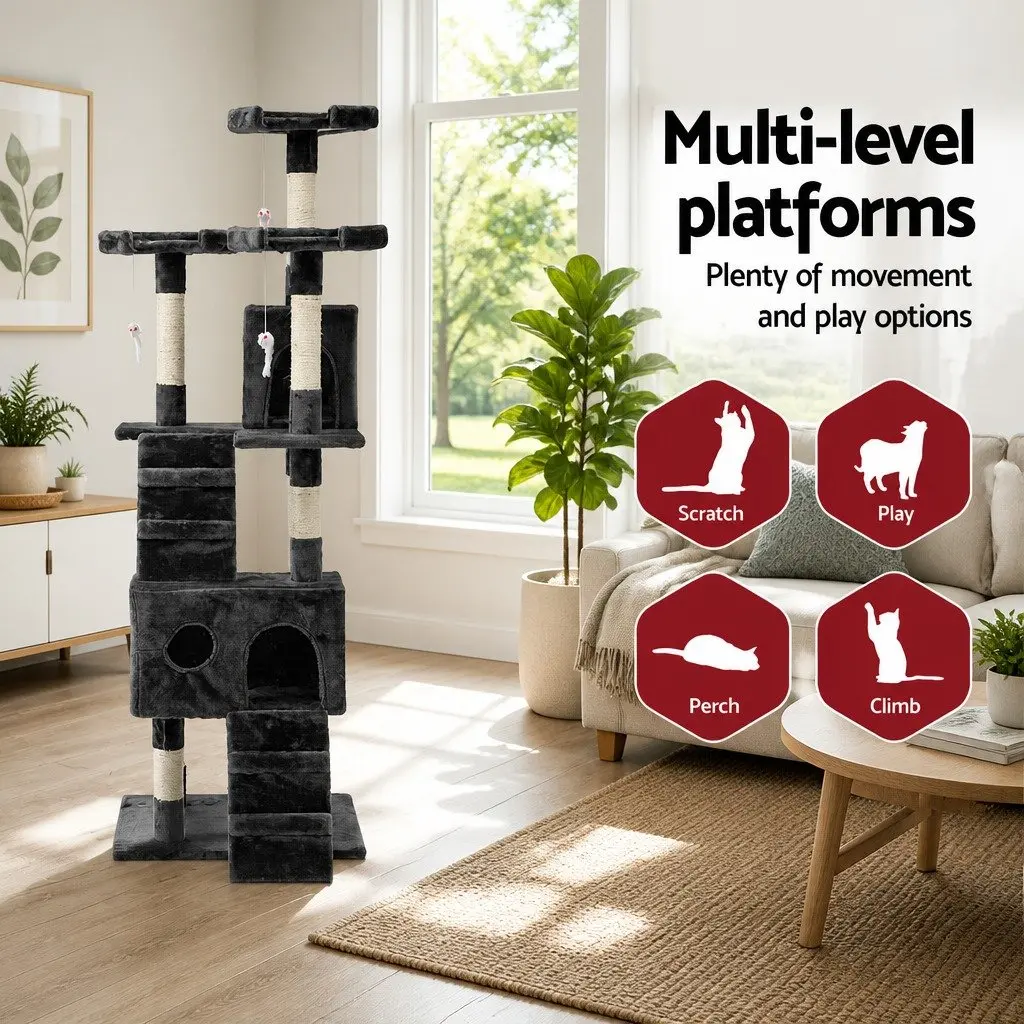 Cat Tree Multi-Level 180cm Tower Scratching Post Condo House Climbing Perch Rest Bed Grey