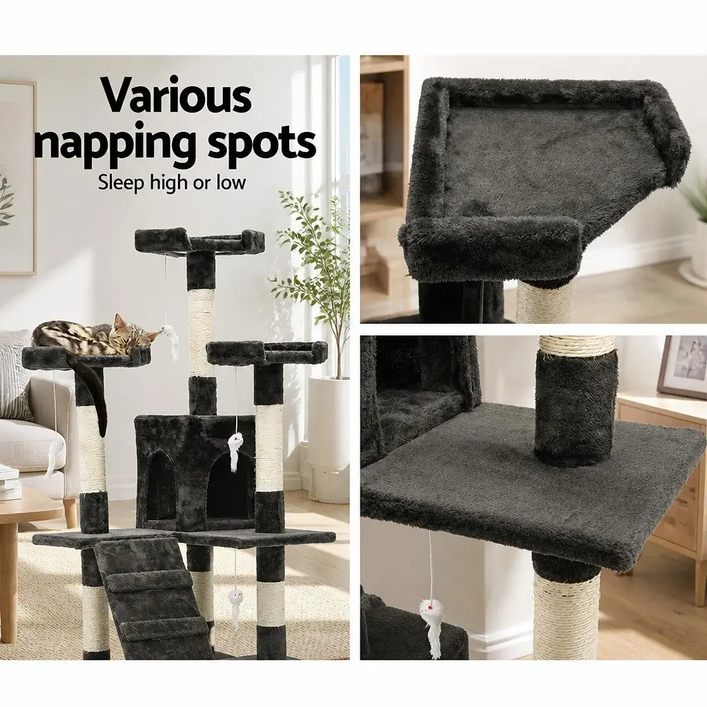 Cat Tree Multi-Level 180cm Tower Scratching Post Condo House Climbing Perch Rest Bed Grey